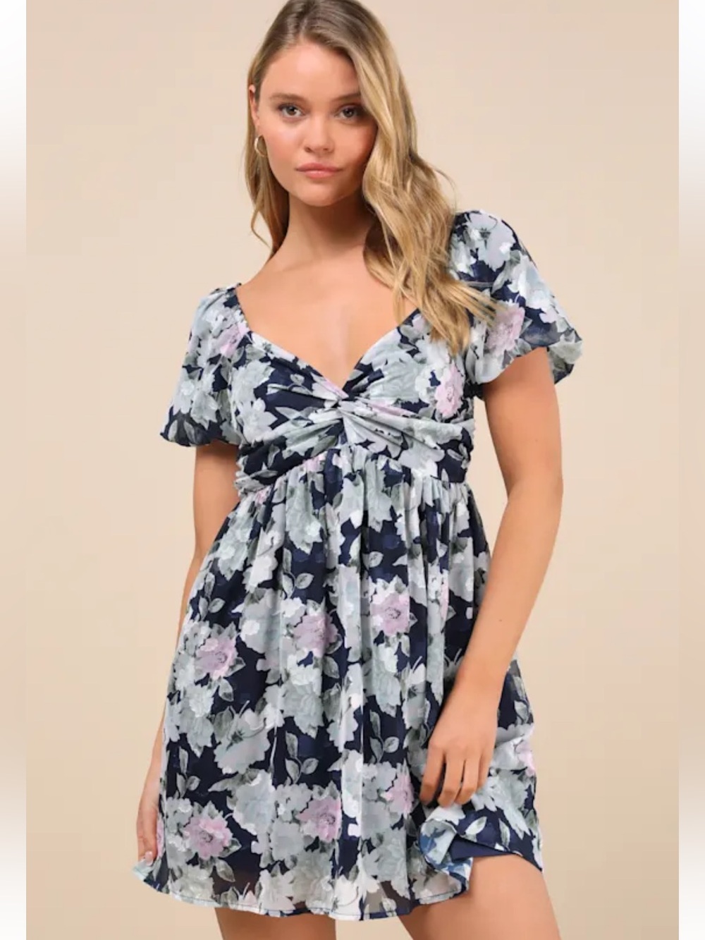 Lulu's Navy and Light Blue Floral Wrap Mini Lined Rauch Dress Size S